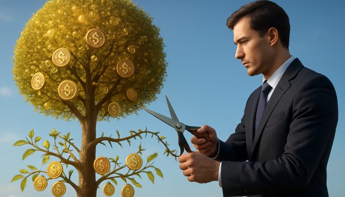 The Impact of Fees on Real Savings: A Guide for UK Savers | DCL An investor trimming fee vines from a portfolio tree to reveal lower-cost returns under a transparent sky