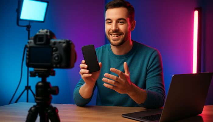 Content creator filming sleek gadget demo with tripod camera and editing laptop in modern studio.