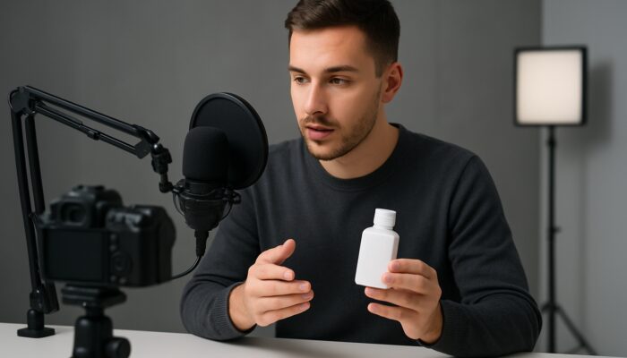 Creator filming product tutorial with pro microphone and pop filter in sleek studio