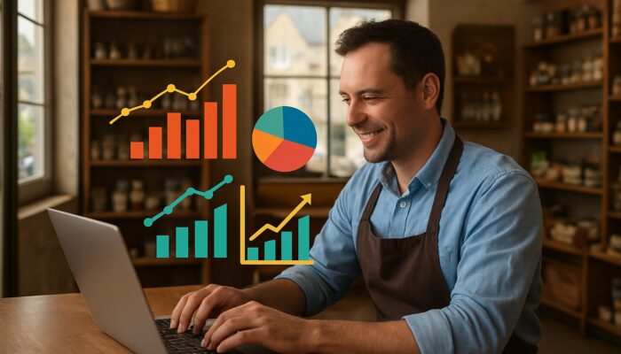 Small business owner in Tidworth reviewing an analytics dashboard with engagement graphs in their shop