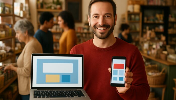 Shop owner in Tidworth displaying a mobile-optimised website on a laptop while interacting with customers on a smartphone.