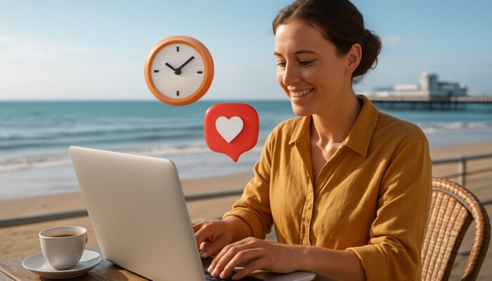 Small business owner organising social media posts on a laptop at a Weston-super-Mare seaside café