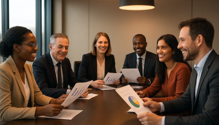 Diverse British professionals sharing surveys and charts around a sleek London boardroom table.