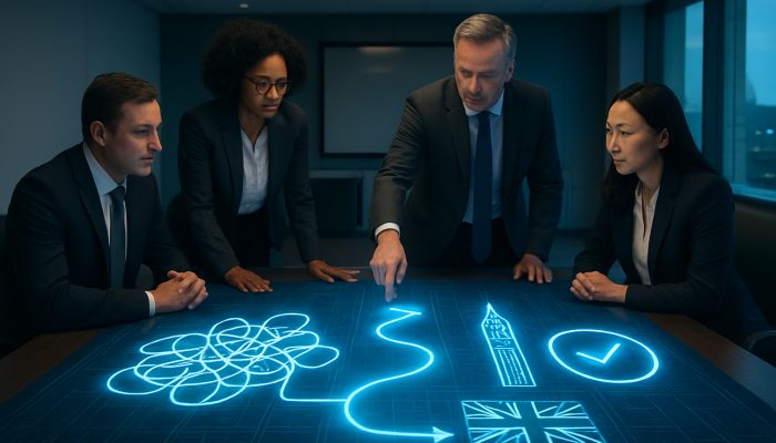 Executives charting strategy transition on glowing digital blueprint with UK compliance icons in boardroom