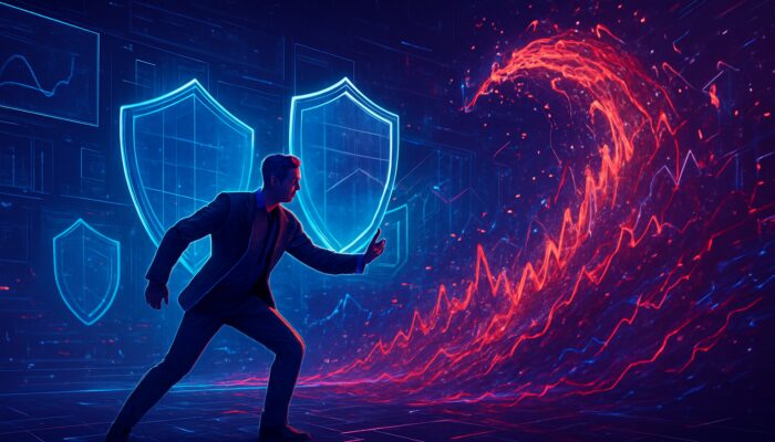 Futuristic trader using holographic risk shields and analytics dashboards to navigate volatile market waves.