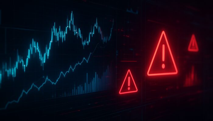 Futuristic holographic trading interface displaying dynamic stock charts and urgent risk alerts on dark screens.