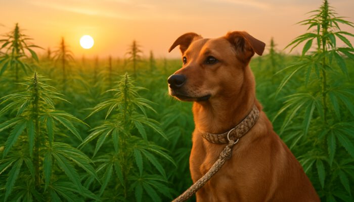 Dog on hemp leash in a vibrant sunrise hemp field, symbolising sustainable pet products