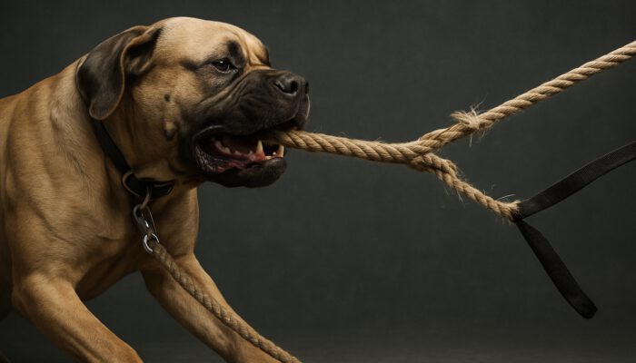 Large dog tugging an unbreakable hemp leash alongside a snapping nylon leash in a tension test