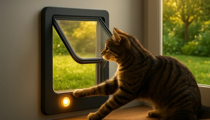 Tabby cat using remote pet door opener to access sunlit garden