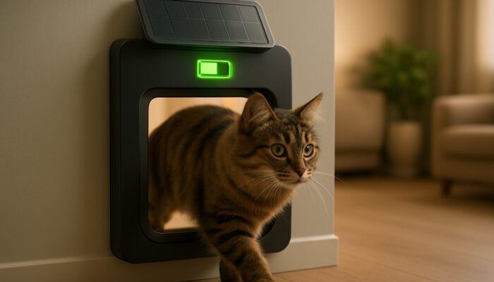 Fluffy tabby cat entering sleek solar-powered energy-efficient cat flap with glowing battery icon