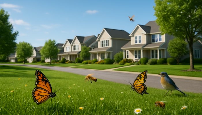 A picturesque Ilchester neighbourhood showcasing vibrant lawns, butterflies, bees, and songbirds under clear skies.