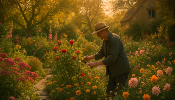 Gardener pruning roses in a lush Martock cottage garden during the golden hour, surrounded by stone paths.