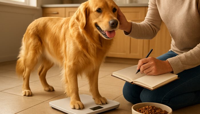 Owner weighs a lively golden retriever on a scale while checking its coat in a sunlit kitchen