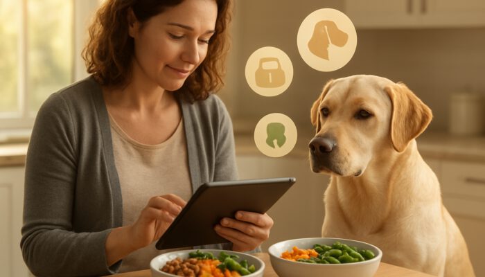Owner reviewing Labrador health data on a tablet beside tailored nutrition bowls in the kitchen