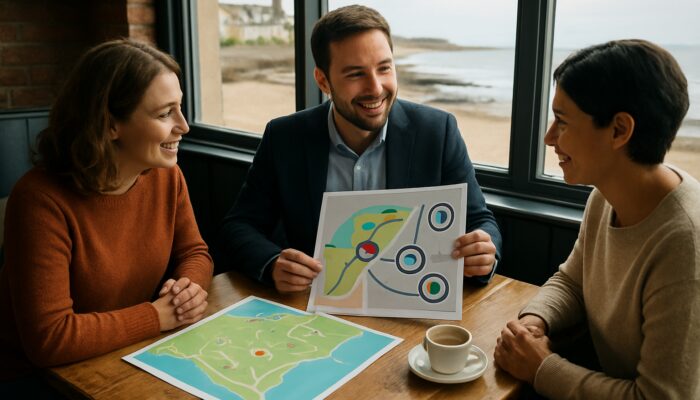 Local marketing consultant meets clients in a cosy Clevedon seaside café with strategy maps