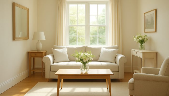 Sunlit immaculate Martock cottage interior featuring gleaming floors, fresh flowers, and crisp linens after professional cleaning.