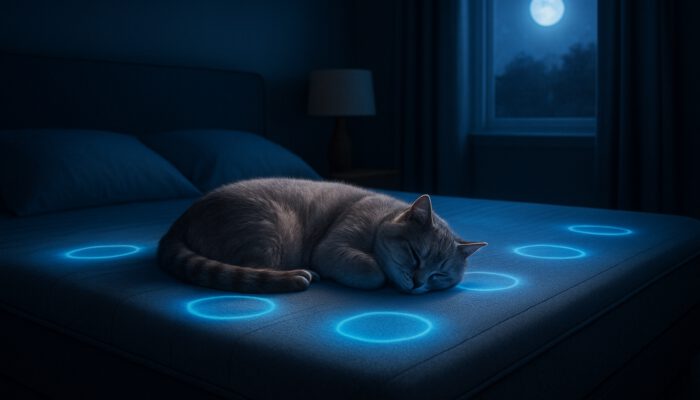 Serene pet sleeping on a sleek smart bed with glowing sensors in a moonlit bedroom