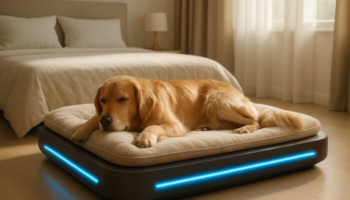 Golden retriever lounging on a stylish temperature-regulated pet bed featuring cooling panels in a contemporary bedroom