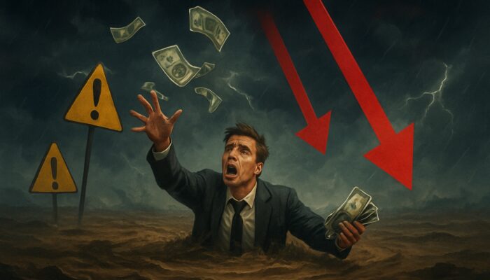 Investor struggling in quicksand while investing in declining stock arrows amidst warning signs.