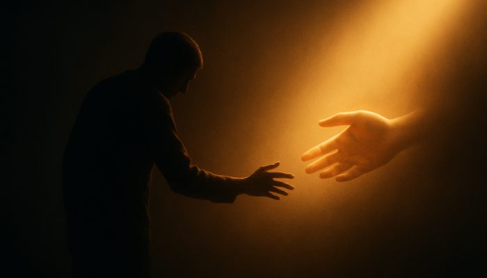 Figure emerging from darkness reaching towards supportive hands in light, symbolising the choice to seek assistance.
