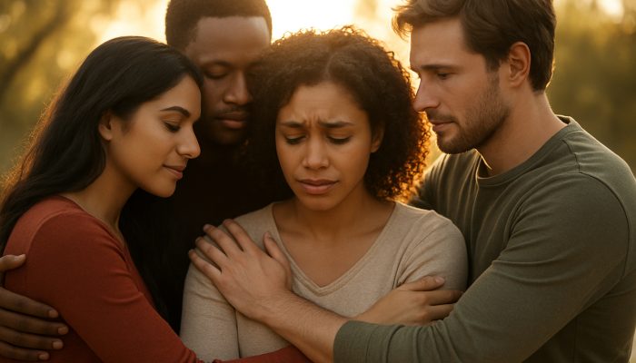 Diverse friends embrace in sunlight, one sharing vulnerably while others listen with empathy.