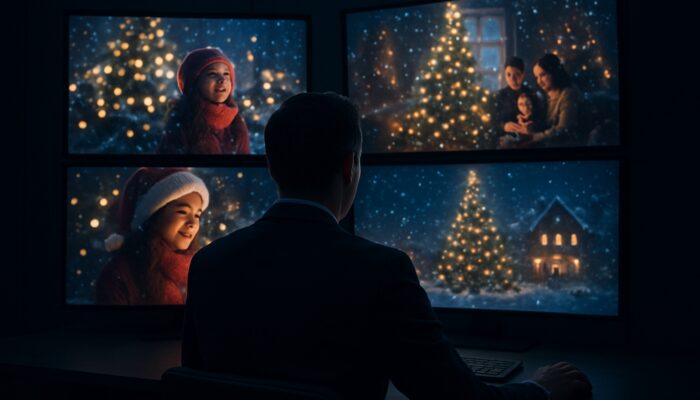 Strategist analysing competitors' festive holiday video campaigns and metrics on glowing screens in dimly lit room.