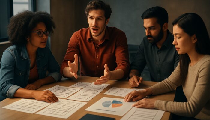 Diverse creative team planning brand video with storyboards and budget charts in cinematic lighting