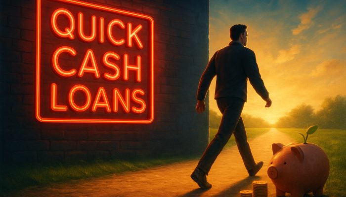 Individual walking away from quick cash loans sign towards a piggy bank savings path illustration