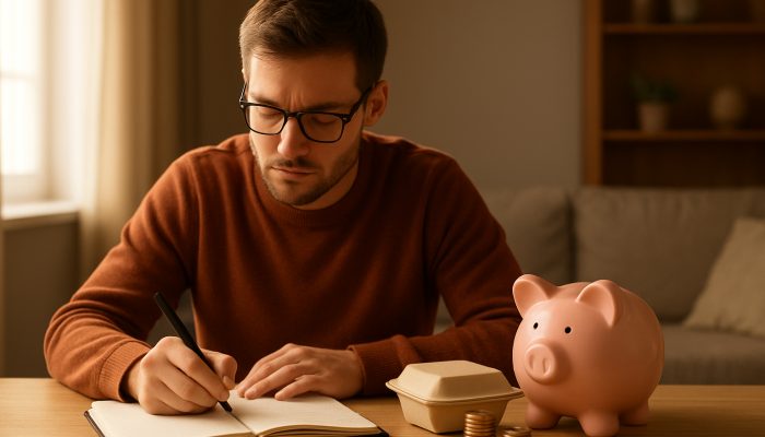 Resetting Your Budget After Overspending: Practical Steps | DCL Young adult outlining weekly savings goals with piggy bank and takeaway in cosy UK flat