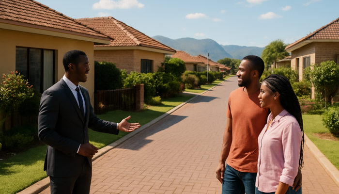 Couple exploring modern homes on a bustling Thohoyandou street with a real estate agent under sunny skies.