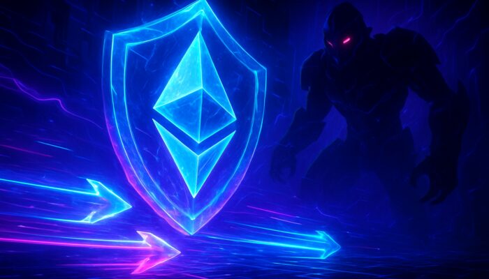 Cyberpunk arena with luminous Ethereum transactions protected by crystalline armour from shadowy MEV bots in neon blues and purples.