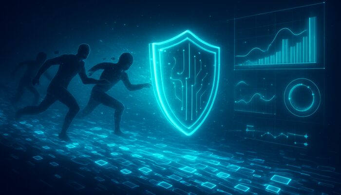 Digital shield blocking MEV front-runners from blockchain transactions with holographic resilience metrics in vibrant neon