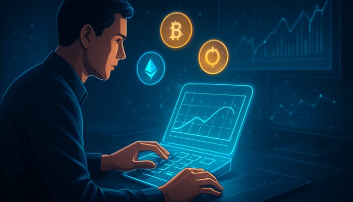 A trader inputs cryptocurrency data into an advanced holographic impermanent loss calculator featuring floating tokens and charts.