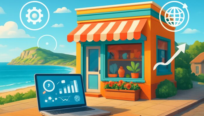 Vibrant illustration of a Swanage shopfront with an SEO laptop overlooking the Jurassic Coast