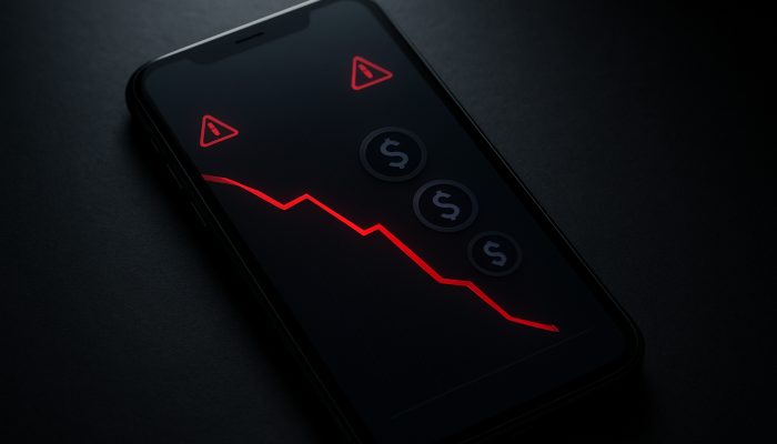 Using Charts or Apps to Show Balances Falling | DCL Smartphone app screen showing plunging red line chart of falling bank balances in dark mode.