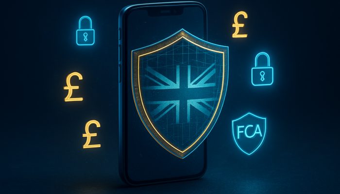 Using Charts or Apps to Show Balances Falling | DCL Digital shield protecting UK smartphone banking apps with FCA emblem, encryption locks, and pound symbols in blue and gold.