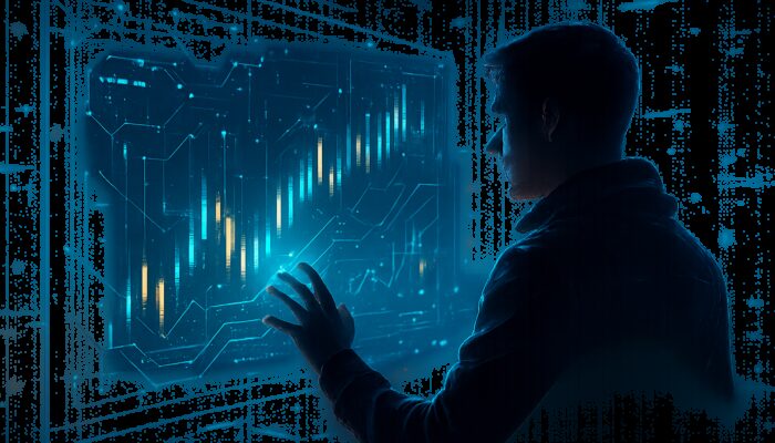 Futuristic coder transforming glowing code into candlestick charts and custom trading indicators in cyberpunk room