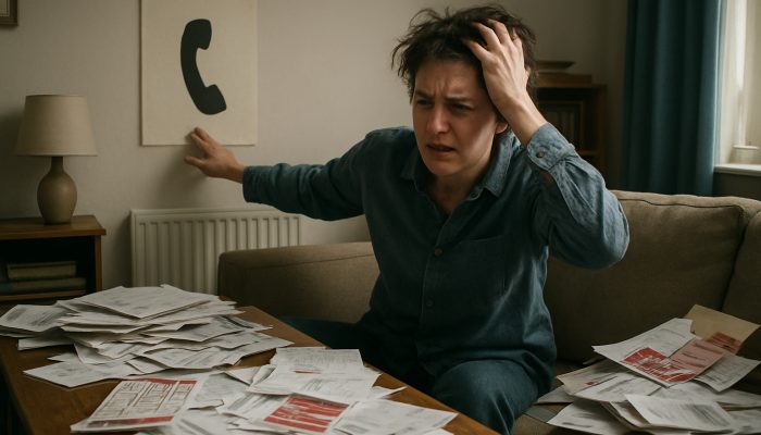 Specialist Help for Gambling Related Borrowing | DCL Stressed individual in a cluttered UK flat reaching for a gambling helpline poster amidst unpaid bills and betting slips.