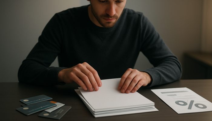 Avoiding New Debt While Merging Balances: Essential Tips | DCL Focused individual consolidating credit cards, loans, and overdrafts into one streamlined document at desk