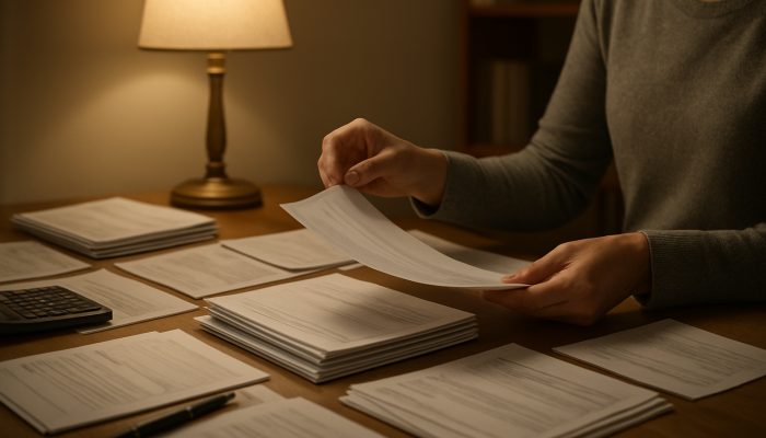 Avoiding New Debt While Merging Balances: Essential Tips | DCL Individual sorting payslips and bank statements on a cluttered desk under lamplight in home office.