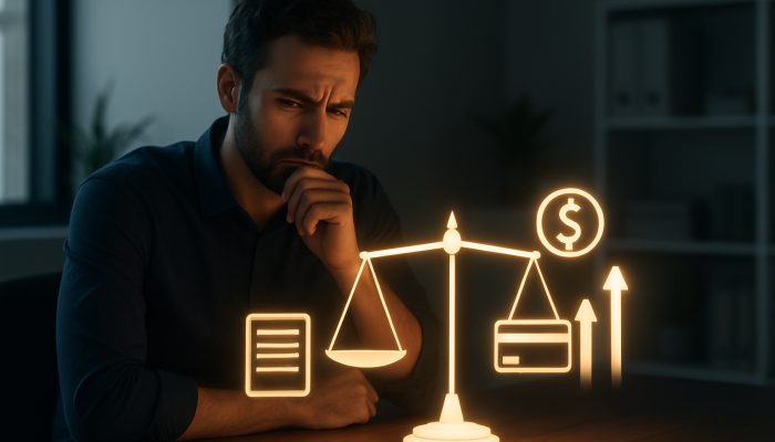 When a Loan Beats Shifting to Another Card: Smart Choices | DCL Individual weighing a loan document against a credit card on glowing scales in a modern office with savings icons.
