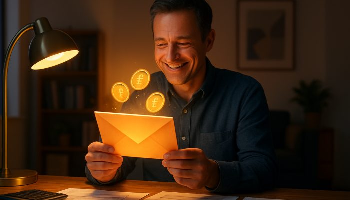 What to Do With Tax Refunds and Bonuses: Practical Steps | DCL Smiling British taxpayer finds glowing HMRC refund envelope with floating coins while reviewing PAYE forms