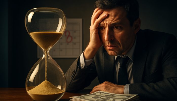 What to Do With Tax Refunds and Bonuses: Practical Steps | DCL Anxious taxpayer watches HMRC refund checks spill from hourglass beside red deadline calendar.