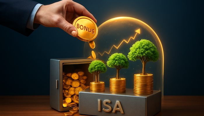 What to Do With Tax Refunds and Bonuses: Practical Steps | DCL Investor pouring golden bonus into Stocks and Shares ISA vault with blooming money trees and rising charts