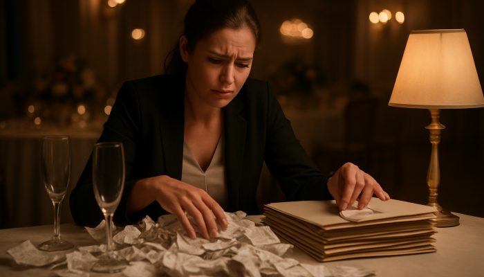 How to Tidy One-off Event Overspends: Proven Strategies | DCL Event planner sorting receipts into budget folders on messy party table after overspend