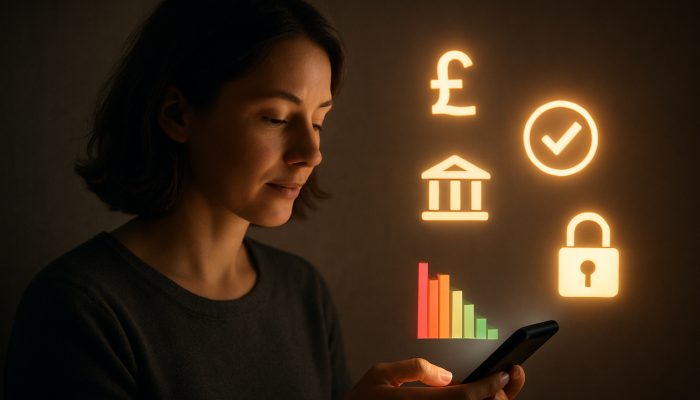 Blocking Apps and Sites During a Debt Plan: Essential Advice | DCL Individual reviewing smartphone with UK debt management applications, banking links, and vibrant spending graphs symbolising financial freedom.