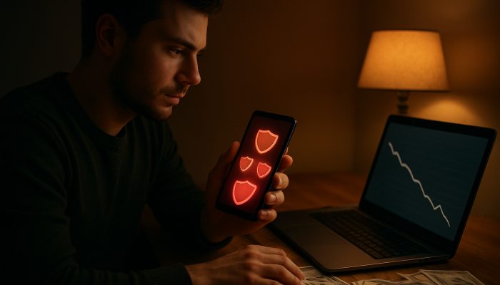 Blocking Apps and Sites During a Debt Plan: Essential Advice | DCL Concentrated person blocking shopping applications on mobile device while analysing debt repayment chart on laptop alongside bills
