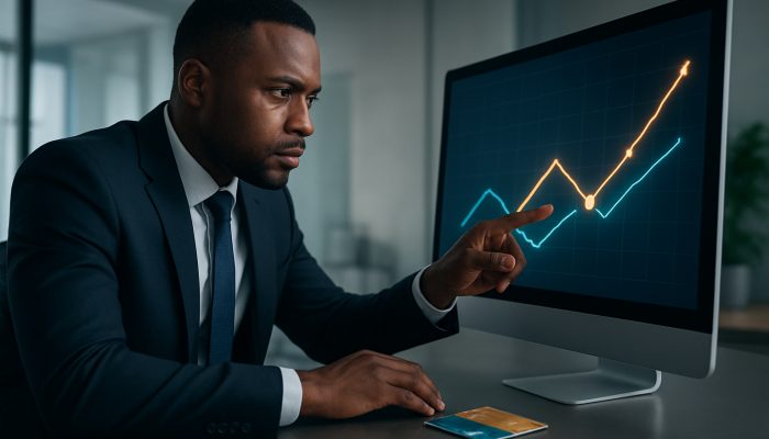 Calculating Breakeven Points on New Credit: Practical Tips | DCL Professional reviewing glowing financial charts and credit cards to find breakeven point on new credit.