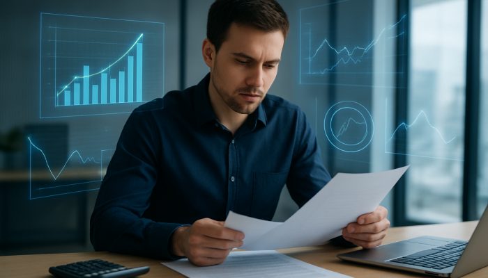 Calculating Breakeven Points on New Credit: Practical Tips | DCL UK borrower analyses credit docs with holographic breakeven charts in modern office